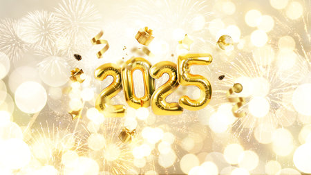 Creative gold luxury balloons 2025 New Year on a golden apple background with fireworks and sparks. 2025 with gifts, gold disco ball, balloons, confetti and starsの写真素材