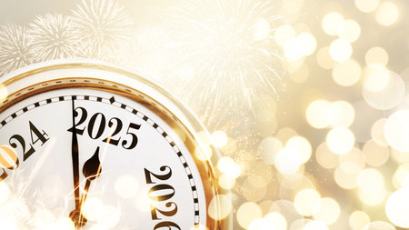 Vintage gold clock points to 2025 New Year on a beige bokeh background with fireworks, concept. New...