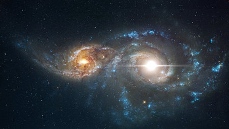 Two galaxies are merging together. Amazing Space galaxy, blue starry background. View from space to a spiral galaxy and stars. Universe filled with stars, nebula and galaxyの写真素材