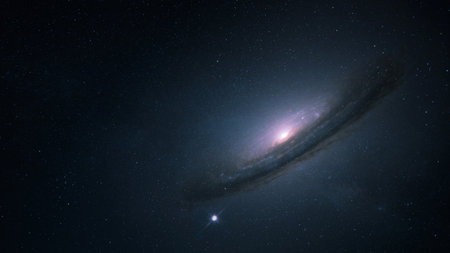 Amazing Space galaxy, blue starry background. View from space to a spiral galaxy and stars. Universe...