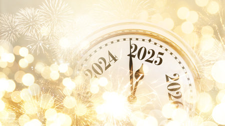 Vintage gold clock points to 2025 New Year on a golden bokeh background with sparks and fireworks, concept. New Year and Christmas card, creative idea. Celebration and partyの写真素材