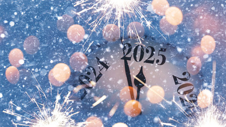 Countdown to midnight. Retro style clock counting last moments before Christmas or New Year 2025. Vintage. Vintage watch points to New Year 2025 in snowの写真素材