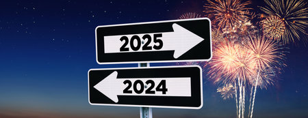 Road signs indicate the path to the new year 2025 and the old year 2024 at night sky with fireworks, creative idea. Choose a new road to 2025 year, concept. Change for the better.の素材