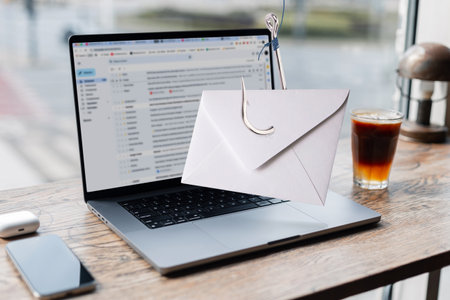 Notification message spam on hook, virus concept. Mail came to laptop from display. Phishing, creative idea. Personal data theft. Mailing and marketing. Phishing and hacker attack via email.の写真素材