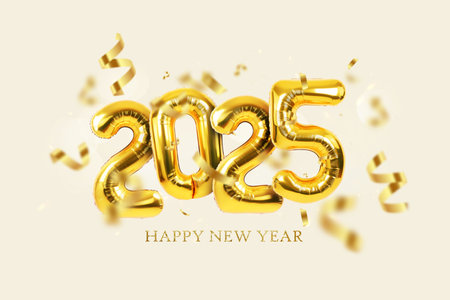 Happy New Year 2025 helium balloons with confetti on a beige background. New Year and Christmas 2025, creative idea. Golden Text Texture Happy New Yearの写真素材