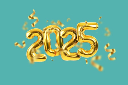 Happy new year 2025 golden balloons with gold confetti on a green background. Luxury balloons 2025. Vintage card. Trendy colorの写真素材