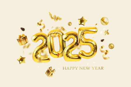 Gold balloons 2025 with confetti, gold mirrored balloon party, stars, gifts and golden snake on a light beige background. Happy New Year 2025 creative. Golden Snakeの写真素材