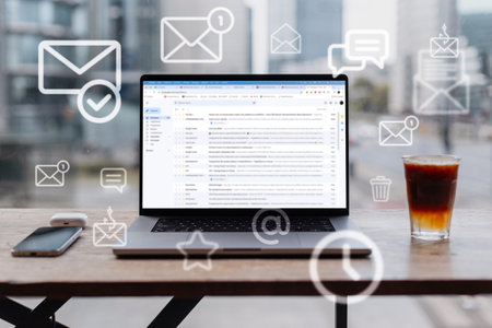 Laptop with open webmail service site and flying mail icons in office stands on table on an urban background. Mail and work, concept. Incoming mail, creative ideaの写真素材