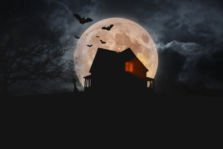 Old scary house with lights from windows with bats on a hill with a cemetery with a full bloody moon with clouds. Happy Halloween, Creative Idea. Scary Dark Wallpaperの素材