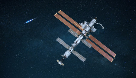 ISS space station flies in starry space and explores deep space. Space mission and ISS. Communication and technology. Science, conceptの素材