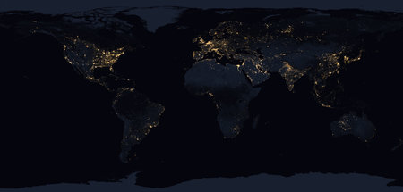 Night planet Earth with city lights of Eurasia, North America, South America, Africa, Australia, Antarctica. Technology and development, conceptの素材