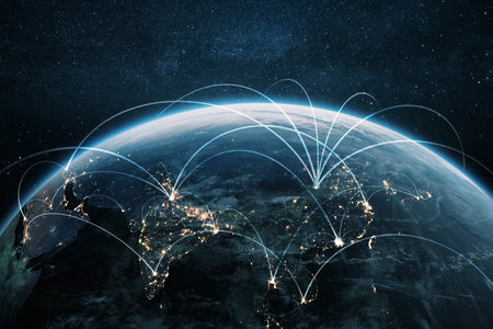 Night planet earth Asian countries with light lines of communication and connection. Business and finance, concept. Global communications system and the World Wide Web. Technologies and communicationの素材
