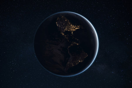Beautiful night planet Earth with cities of South America and USA. Business and communication, concept. Amazing starry space and blue planet. Brazil, America, Canada, Mexico, Argentinaの素材