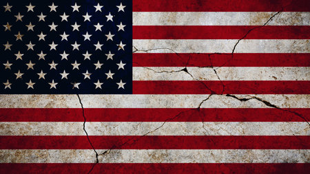 American flag USA on cracked concrete wall, concept. Economy and crisis, creativity. Freedom and patriotismの写真素材