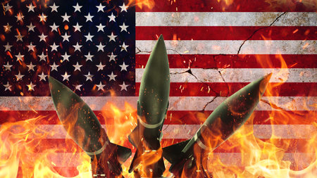 Rockets on fire against the backdrop of the American flag on a cracked concrete wall. War USA. Rockets weapons with fire, concept. War and death. World War 3. Nuclear War.の素材