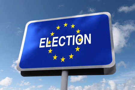 Road sign Europe Elections on a blue sky with clouds. Elections and freedom, creativityの写真素材