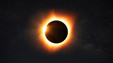 Amazing solar eclipse with yellow rays of light on the starry sky. Sun and moon in spaceの写真素材