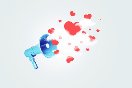 Creative blue loudspeaker with hearts in the clouds, concept. Marketing and likes, creative idea. Advertising and sales.の写真素材