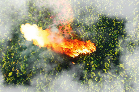 Forest fires. Green forest with fire and smoke. Global warmingの写真素材