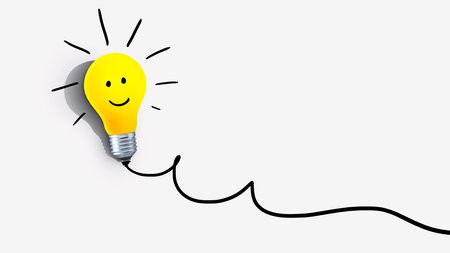 Creative yellow happy light bulb smile with shadow burns, concept. Think differently, creative idea. Light came on. Brainstorm and thinking. Education and training.の写真素材