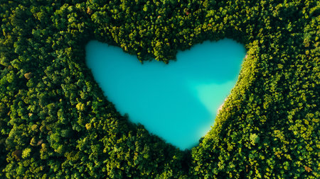 Beautiful heart lake in a green dense forest, bird's eye view. Love for nature, concept. Travel, creative idea.の素材