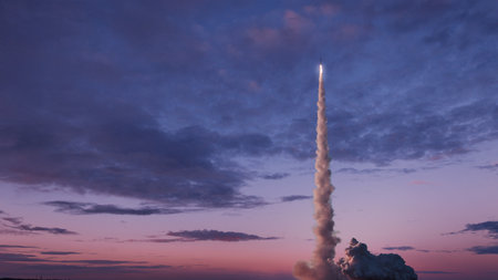 Space rocket with smoke and blast will successfully take off into the pink evening sky with clouds. Space mission and successful launch. rocket lift offの素材