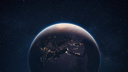 Amazing blue planet earth with lights of night cities in Europe, Africa and East in starry space. Beautiful Night Planet Earth. Deep Spaceの写真素材