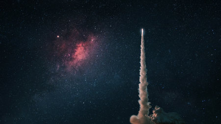 Space rocket launch into the starry sky. Space shuttle with blast and blast lift off into space on a dark background. Successful start, concept. Beginning of the Mars and Lunar missionの写真素材