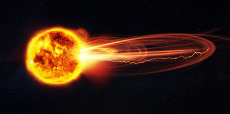 Magnetic flare on the sun. A strong explosion with plasma ejection on the sun in stellar space. Radio signal shutdown on planet earthの写真素材