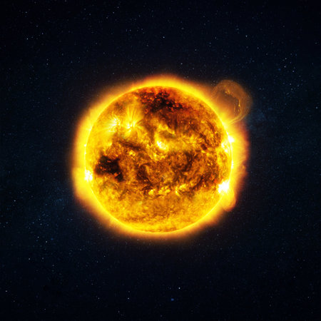 Amazing burning sun with plasma and flares in space. Magnetic storms and solar flaresの素材