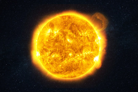 Bright sun burns with plasma and flares in space. Solar flare plaza and magnetic storms, conceptの素材