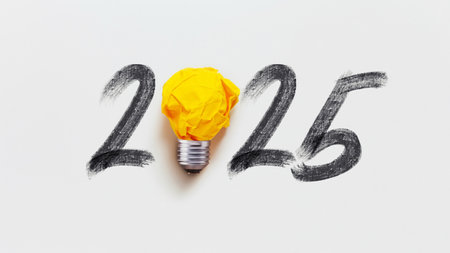 Creative 2025 New Year with light bulb yellow crumpled paper on white background, concept. Think different, creative idea.の写真素材