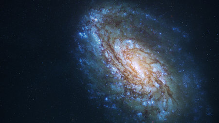 Amazing Space galaxy, blue starry background. View from space to a spiral galaxy and stars. Universe...