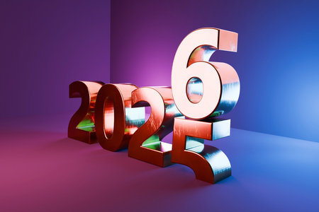 Golden 3D numbers 2025 and 2026 on a colorful gradient background, symbolizing New Year celebration,...
