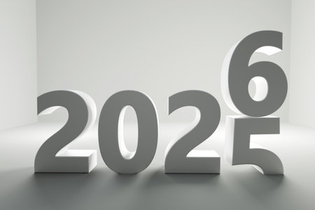 New Year 2026, creative idea. Number 6 replaces 5. White 3D numerals 2026 on a white background with shadows and highlights, concept. New Year celebration, time change, future, and new beginnings.の写真素材