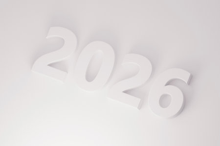 Minimal 3D rendering of white numbers â2026â on a light background. Modern and clean concept symbolizing the new year, future goals, and upcoming events in a sleek minimalist style.の写真素材