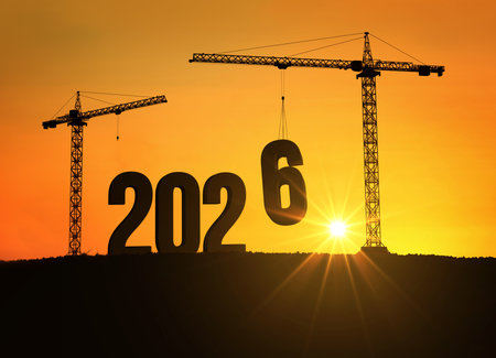 Silhouette of cranes building the number 2026 at sunset, symbolizing progress, construction, and the...