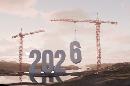 Construction cranes lifting number 6 to form 2026 against landscape with sunset sky, symbolizing progress, new beginnings, development, and building of the future year. 2026, creative idea. Conceptの写真素材