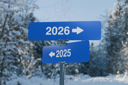 Blue road signs showing 2025 and 2026 with arrows in opposite directions, symbolizing choice, time, new beginnings, and moving forward into the future. Winter forest background. 2026, concept.の写真素材