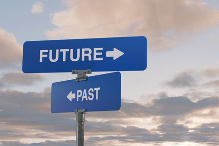 Blue road signs showing âFutureâ and âPastâ with arrows pointing in opposite directions, symbolizing choice, time, progress, decision-making, and moving forward in life.の写真素材