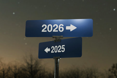 Blue direction signs with arrows showing years 2025 and 2026, symbolizing the transition to a new year, future goals, choices, and moving forward into the future at night. 2026, creative ideaの写真素材