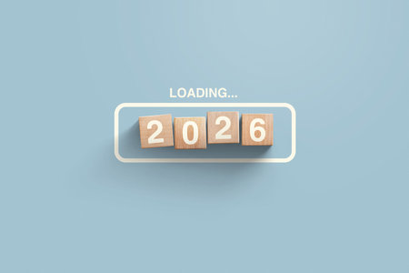 2026 New Year Loading. Loading bar with wooden blocks 2026 on blue background. Start new year 2026 with goal concept, action plan, strategy, new year business visionの写真素材