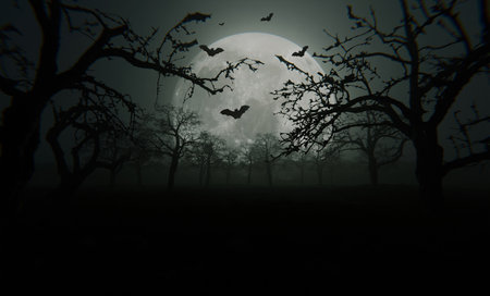 Dark spooky forest with bare trees under a full moon, bats flying across the night sky, creating a mysterious and eerie Halloween atmosphere. Happy Halloween, concept. Scary night landscape wallpaperの写真素材