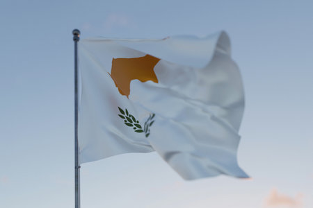 Cyprus national flag waving in the wind against a clear blue sky, symbolizing freedom, heritage, and pride. Patriotic concept. Travel, creative idea. Politics and Ethnicityの写真素材