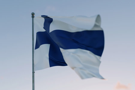 National flag of Finland waving in the wind against a clear sky, symbolizing patriotism, independence, national pride, and unity. Freedom, creative. Travel, conceptの写真素材