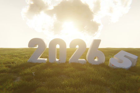 Large white 3D numbers â2026â stand on a grassy field under a bright sunrise, symbolizing a new year, hope, and the transition from 2025 to 2026 with optimism and fresh beginnings. 2026, creative ideaの写真素材