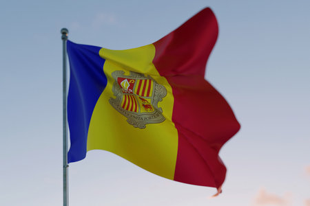 National flag of Andora waving in the wind against a clear sky, symbolizing patriotism, independence, national pride, and unity. Freedom, creative. Travel, conceptの写真素材