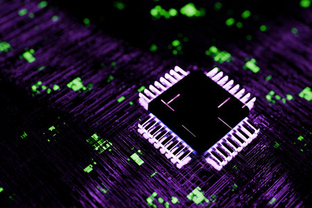 Quantum glowing processor CPU on a motherboard, concept. AI and modern technologies, creative idea....