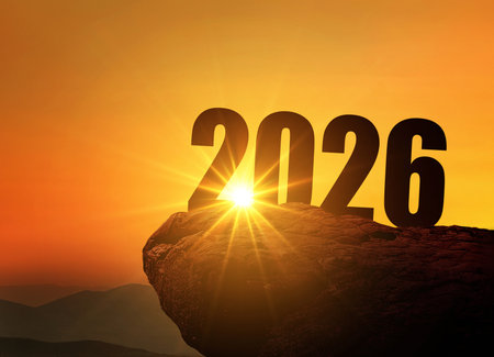 New Year 2026 at sunset. Silhouette 2026 stands on a mountain with sun rays at sunrise, creative idea. Year 2026, conceptの写真素材