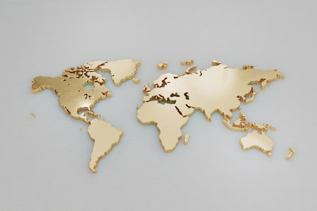 Golden metallic world map on a light gray background. Luxury and modern representation of global...